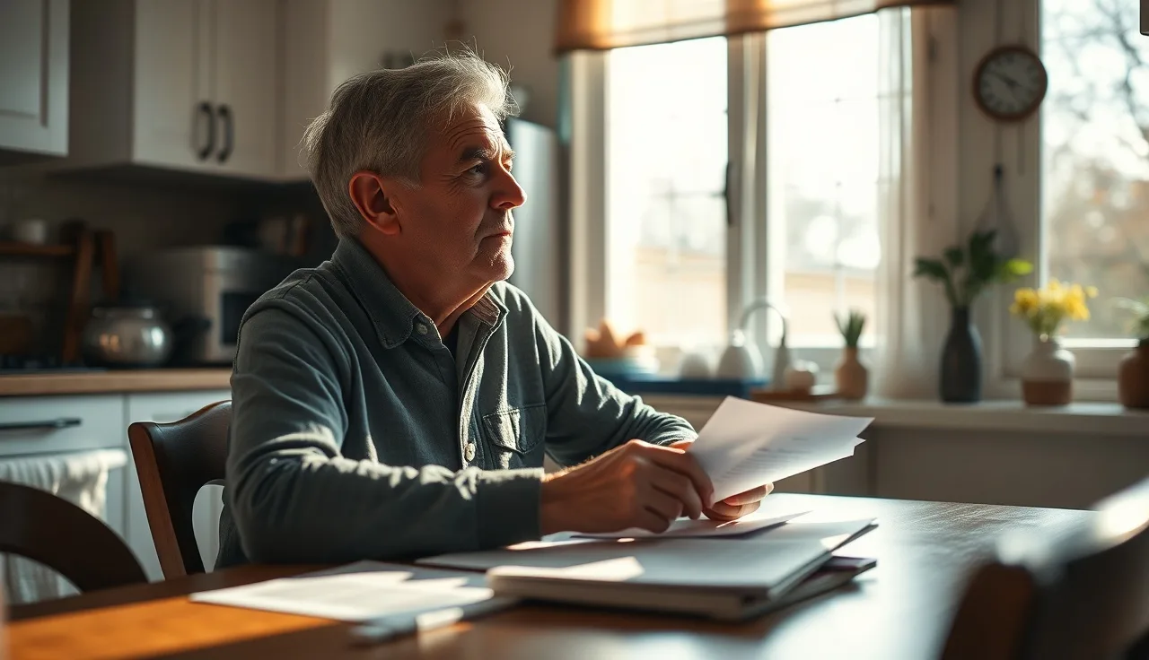 Person reviewing disability paperwork at a kitchen table in morning light