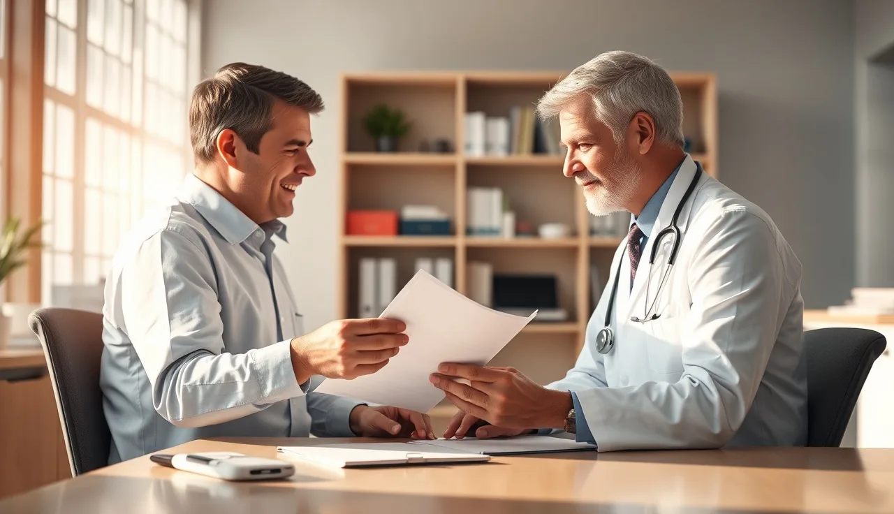 Patient handing printed RFC form pages to a physician at a medical office desk