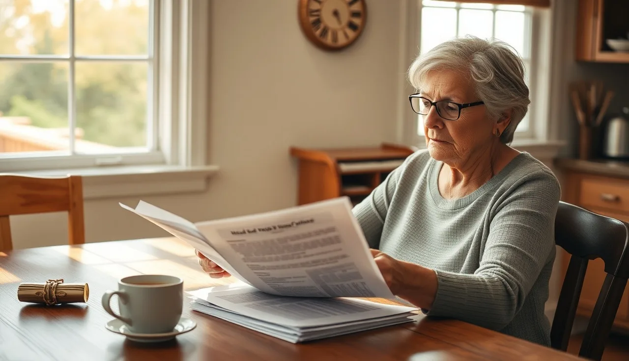 Woman reviewing medical records at kitchen table for disability claim RFC assessment