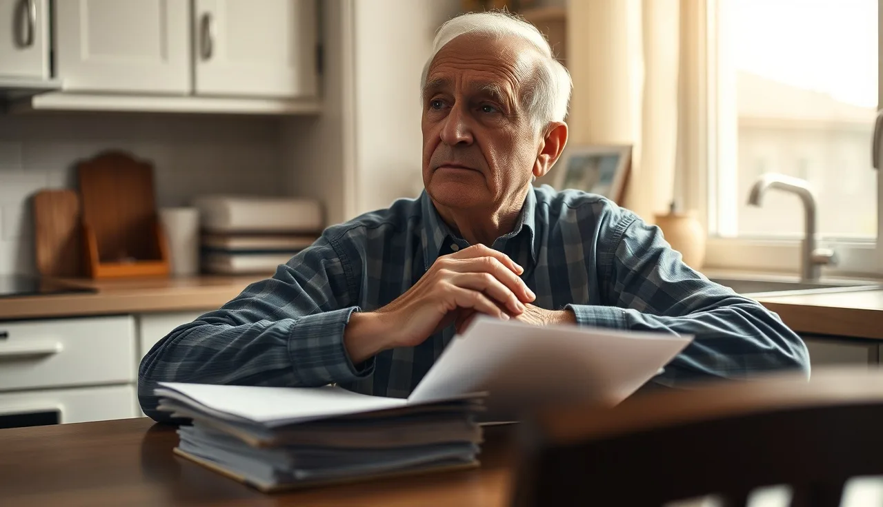 Older man sitting at kitchen table with disability paperwork in morning light