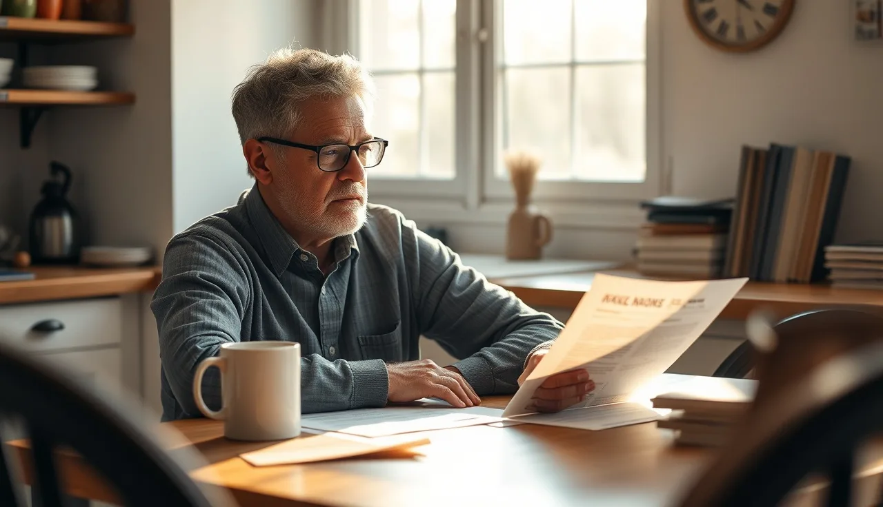 Person reviewing medical paperwork at kitchen table related to disability claim