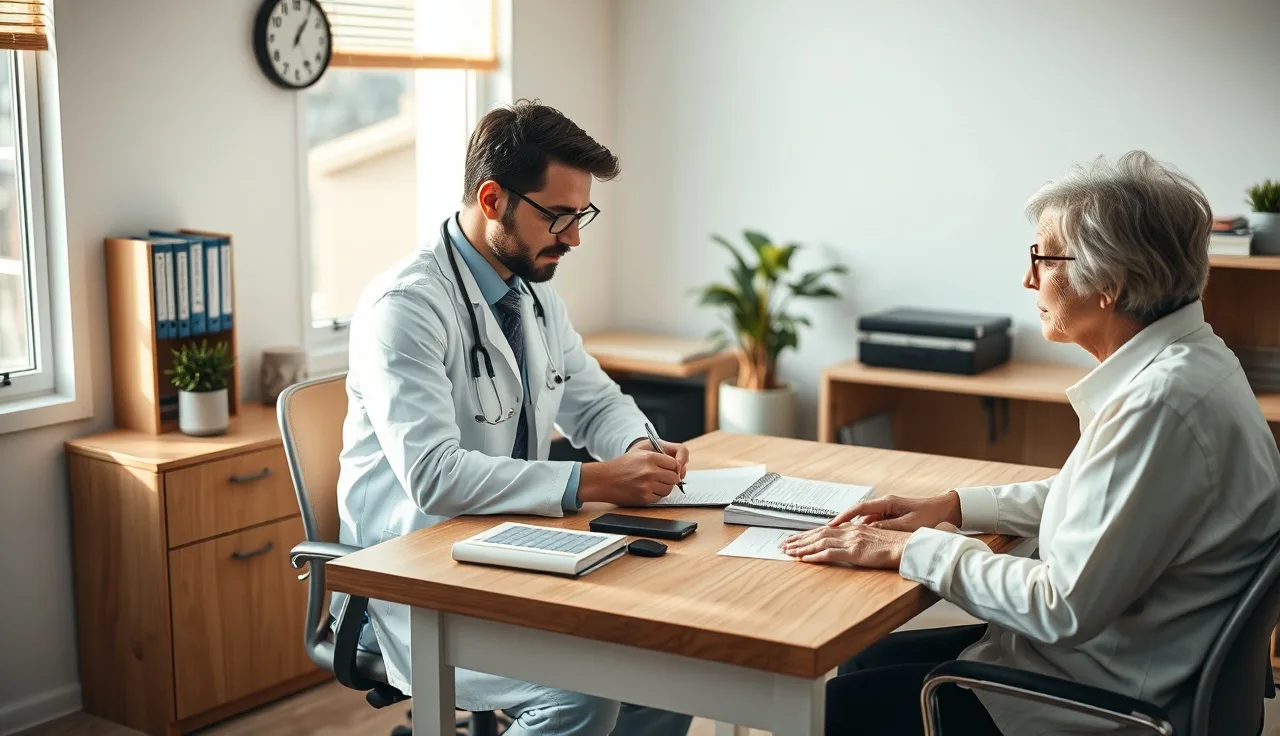 Doctor writing an RFC assessment form with patient seated across desk