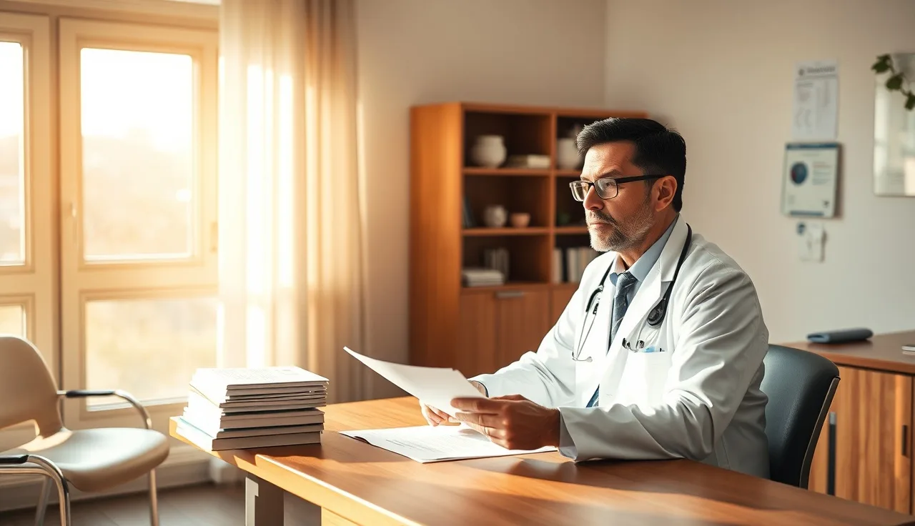 Doctor reviewing printed medical documents at a clinic desk, disability RFC assessment