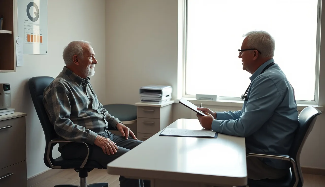 Patient sitting across from a doctor completing a disability functional assessment form