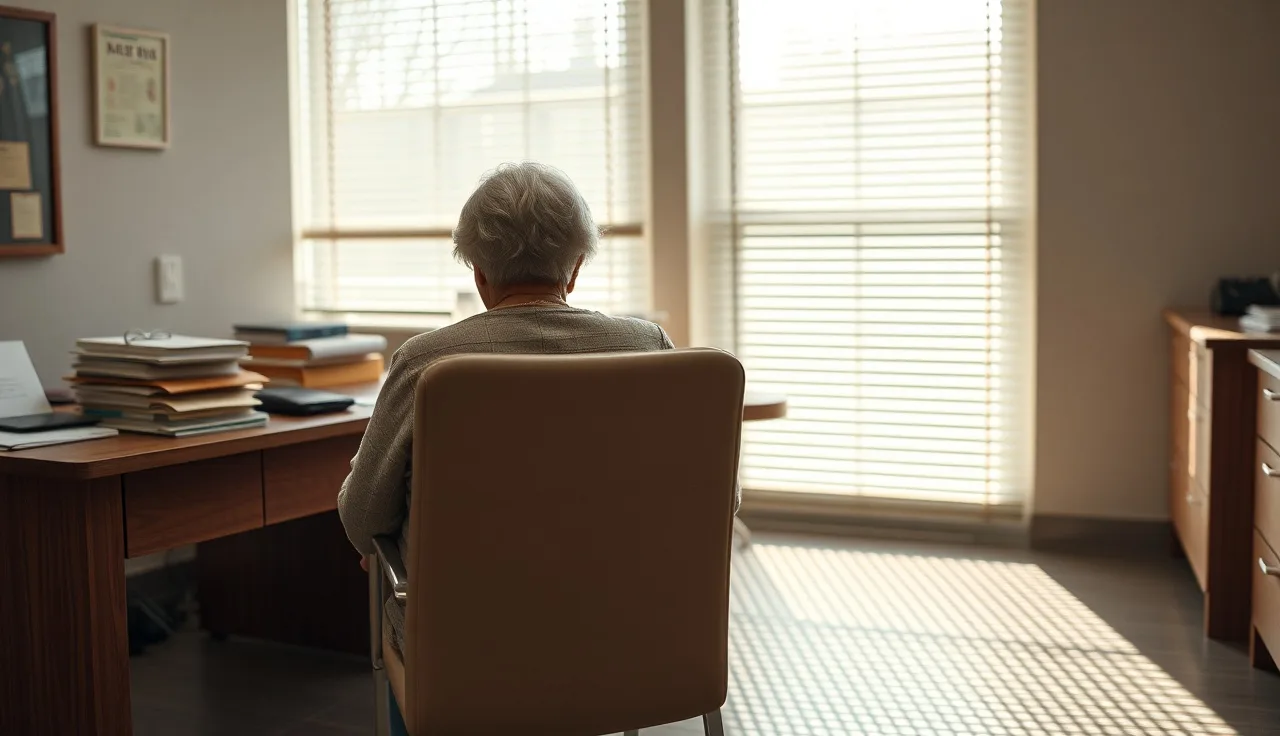 Empty doctor's chair in a medical office with patient folders on desk