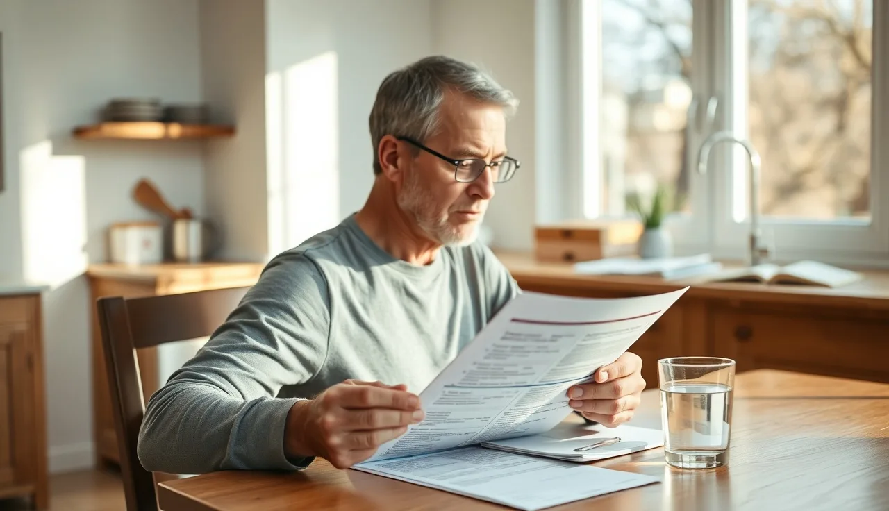 Person reviewing medical paperwork at a kitchen table, hand on lower back