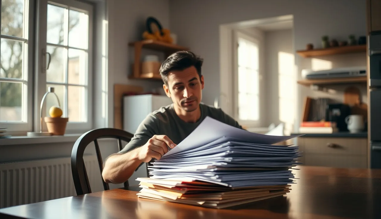 Person sorting medical documents at kitchen table to gather disability evidence