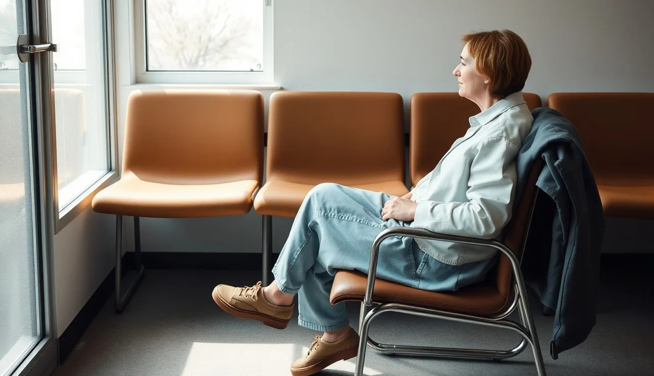 Person in casual everyday clothes sitting in a medical waiting room before a disability exam