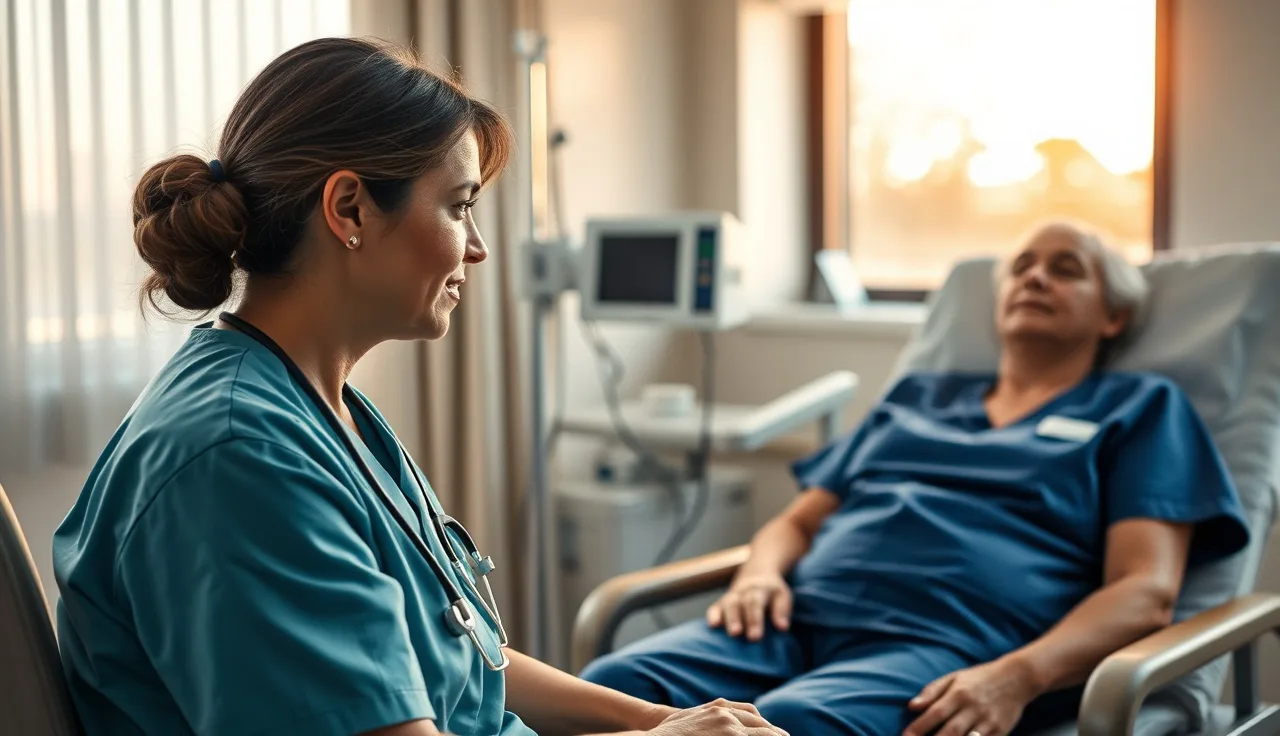 Oncology nurse sitting beside a cancer patient during chemotherapy treatment