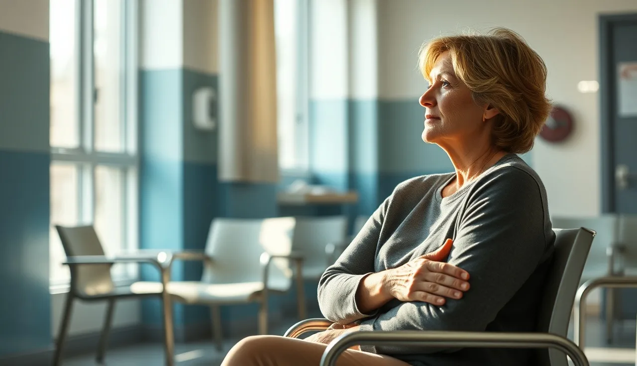 Woman waiting in a hospital outpatient room, natural morning light, cervical cancer disability claim context