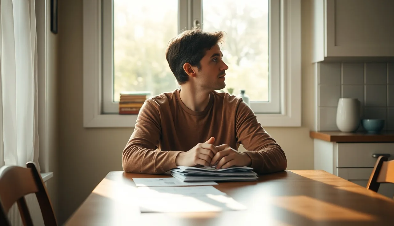 Adult with ADHD sitting at kitchen table with disability paperwork in morning light