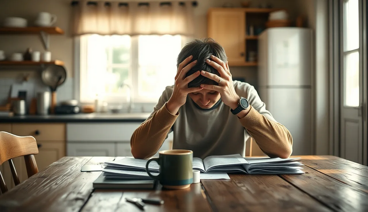 Adult reviewing disability paperwork at a kitchen table with morning light