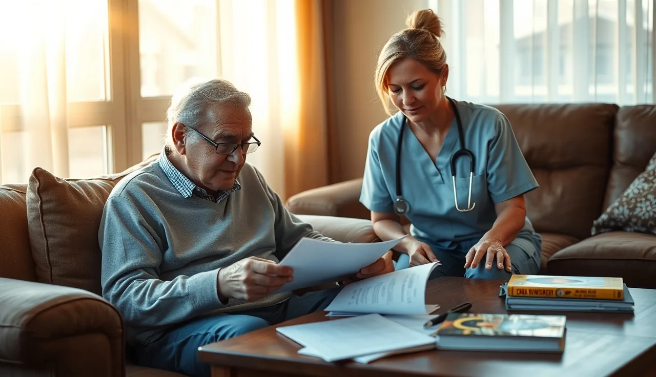 Man with ALS and caregiver reviewing disability paperwork at home