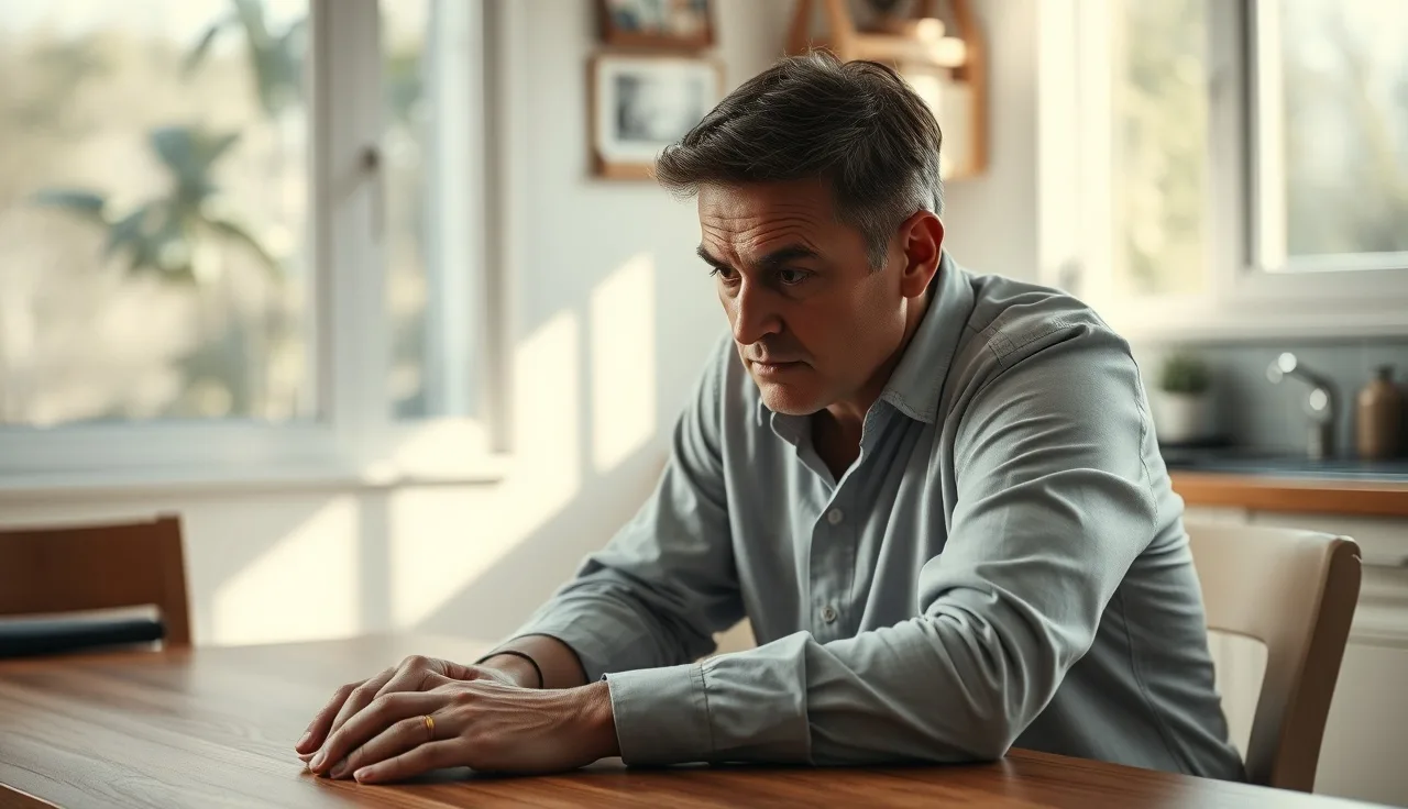 Person with stiff posture sitting at a kitchen table in morning light, reflecting chronic spinal pain