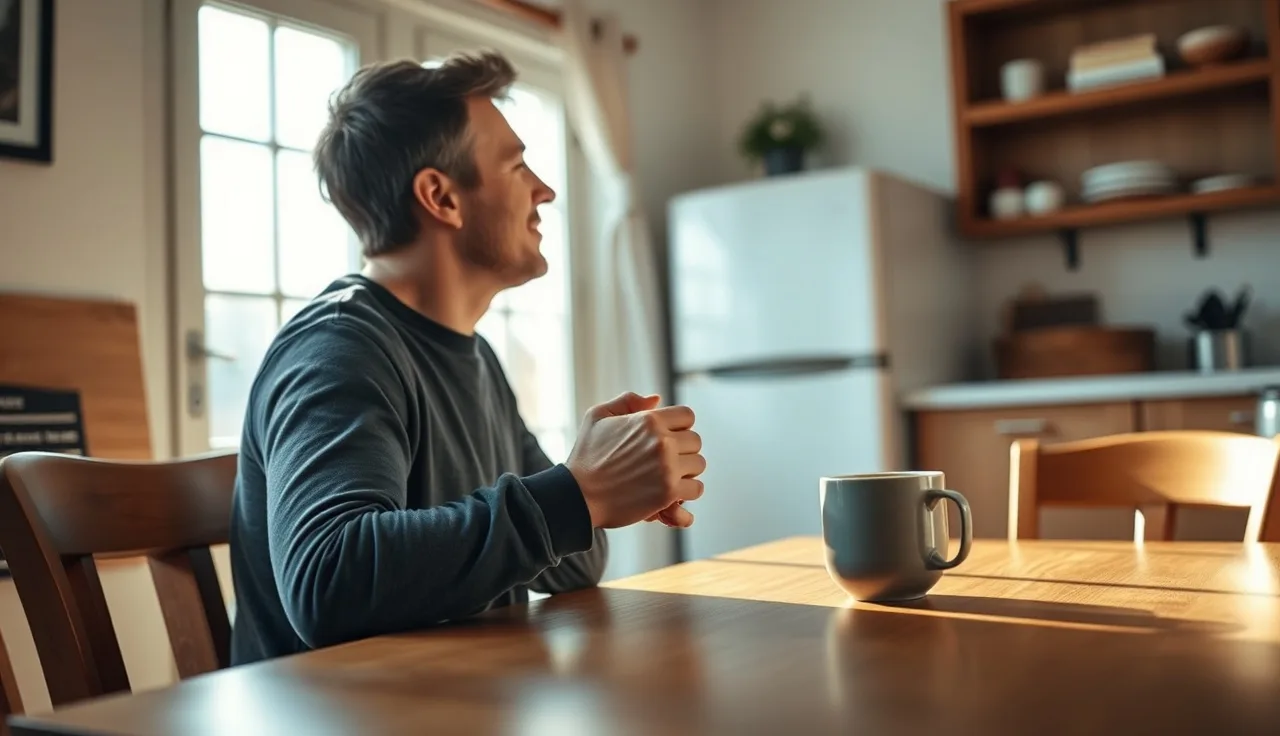 Person sitting at kitchen table in morning light, quietly holding a mug