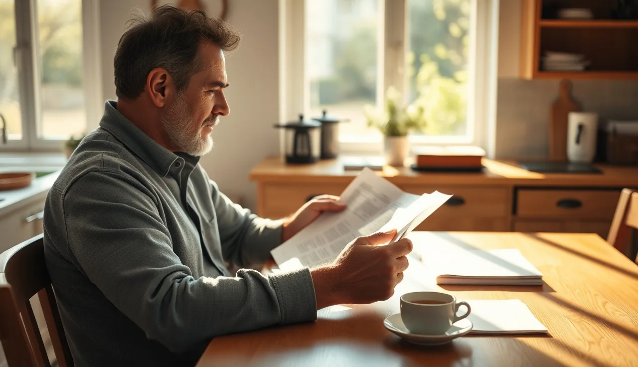 Adult reviewing disability paperwork at a kitchen table in afternoon light