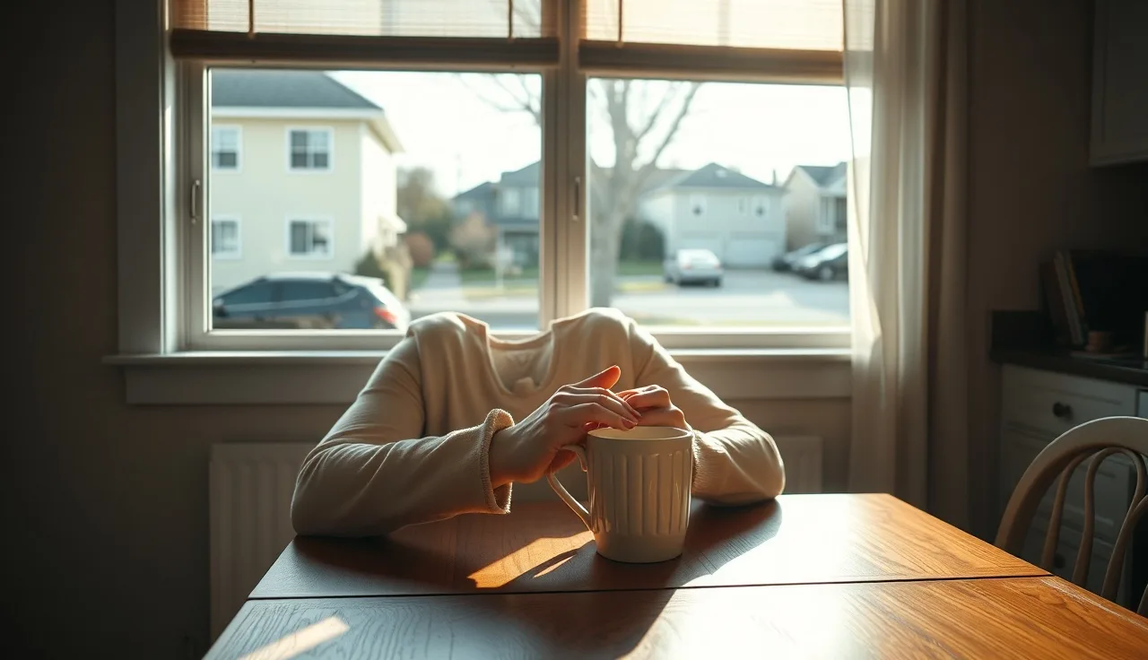 Person sitting at kitchen table with coffee mug, looking out window, bipolar disorder disability claim concept