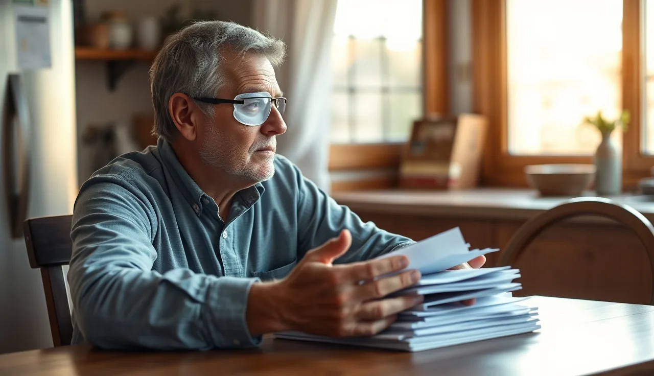 Person with eye patch sitting at table with medical paperwork in morning light