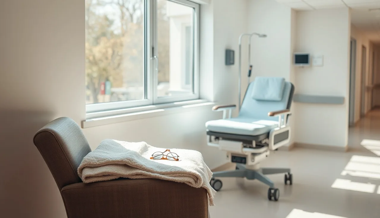 Empty infusion chair by a hospital window with afternoon light and a folded blanket