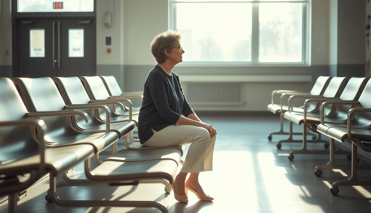 Woman sitting in a sunlit hospital waiting room, disability appointment context