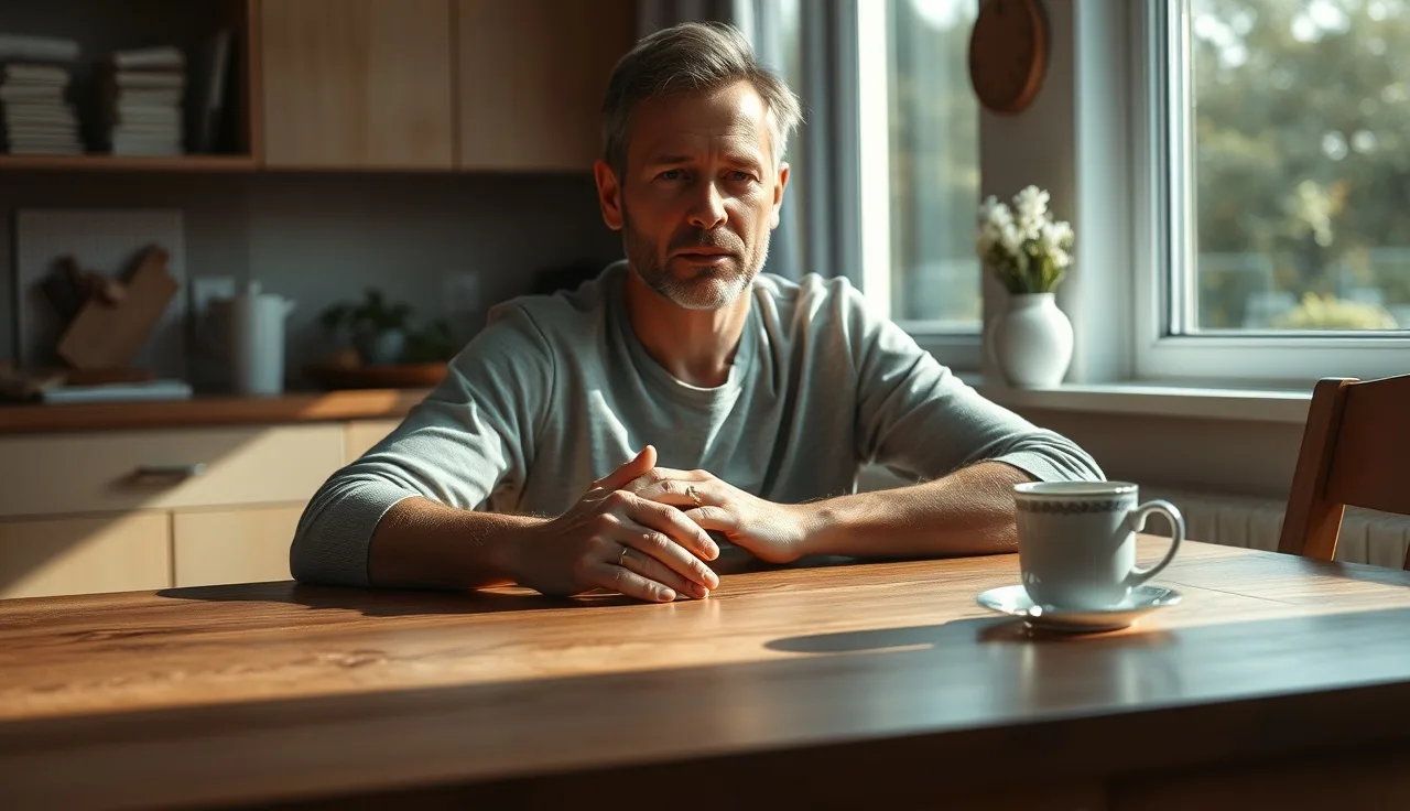 Person with fibromyalgia resting hands on kitchen table in morning light