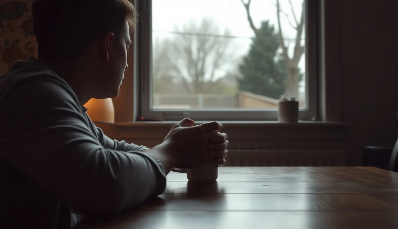 Person sitting alone at kitchen table with coffee, looking out window thoughtfully