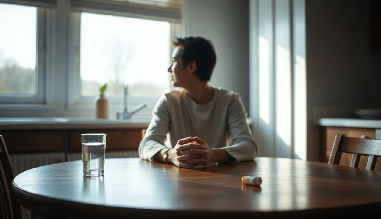 Person sitting at kitchen table in morning light with prescription bottle nearby