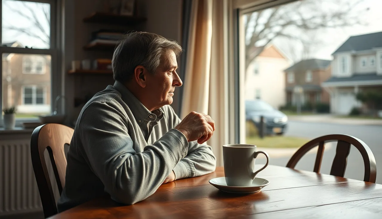 Person sitting alone at kitchen table with coffee, appearing contemplative and fatigued