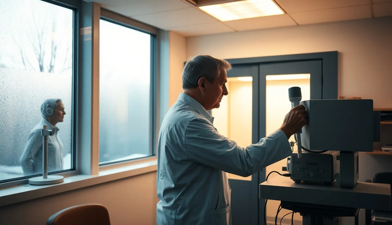 Audiologist adjusting equipment beside sound booth during hearing evaluation
