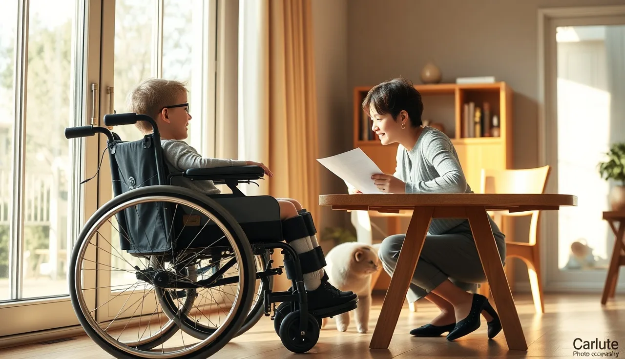 Child with cerebral palsy in wheelchair beside parent reviewing disability documents at home