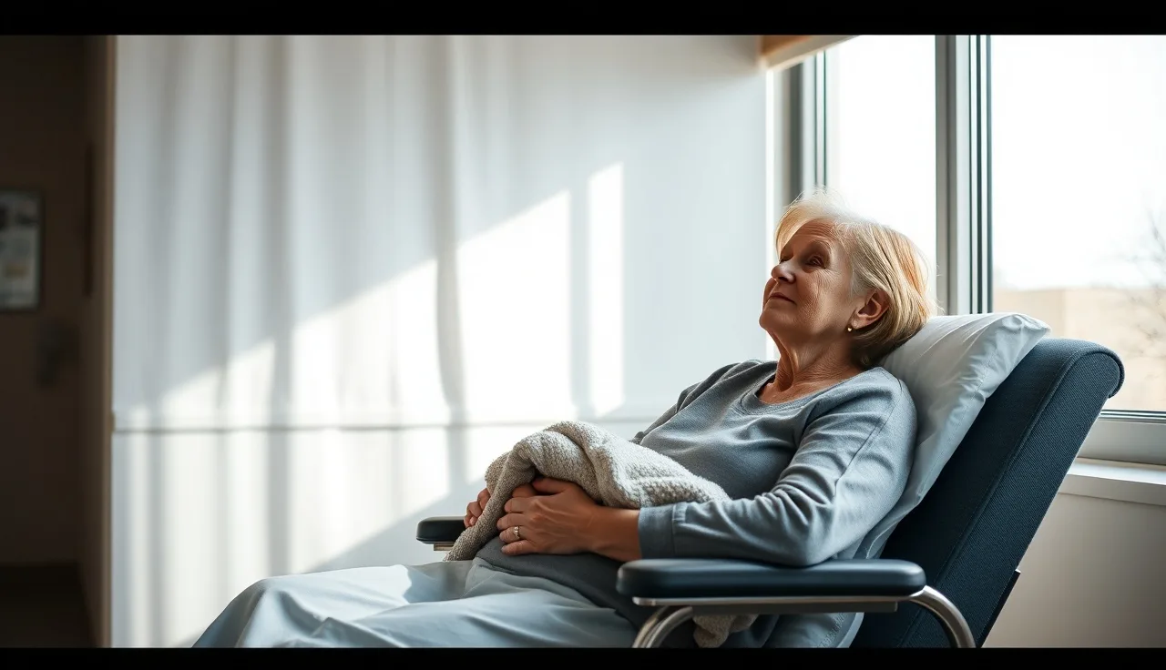 Woman resting by hospital window during cancer treatment, quiet ward behind her