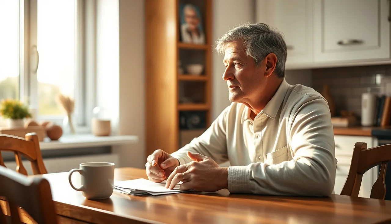 Person sitting at kitchen table with disability paperwork, looking toward window