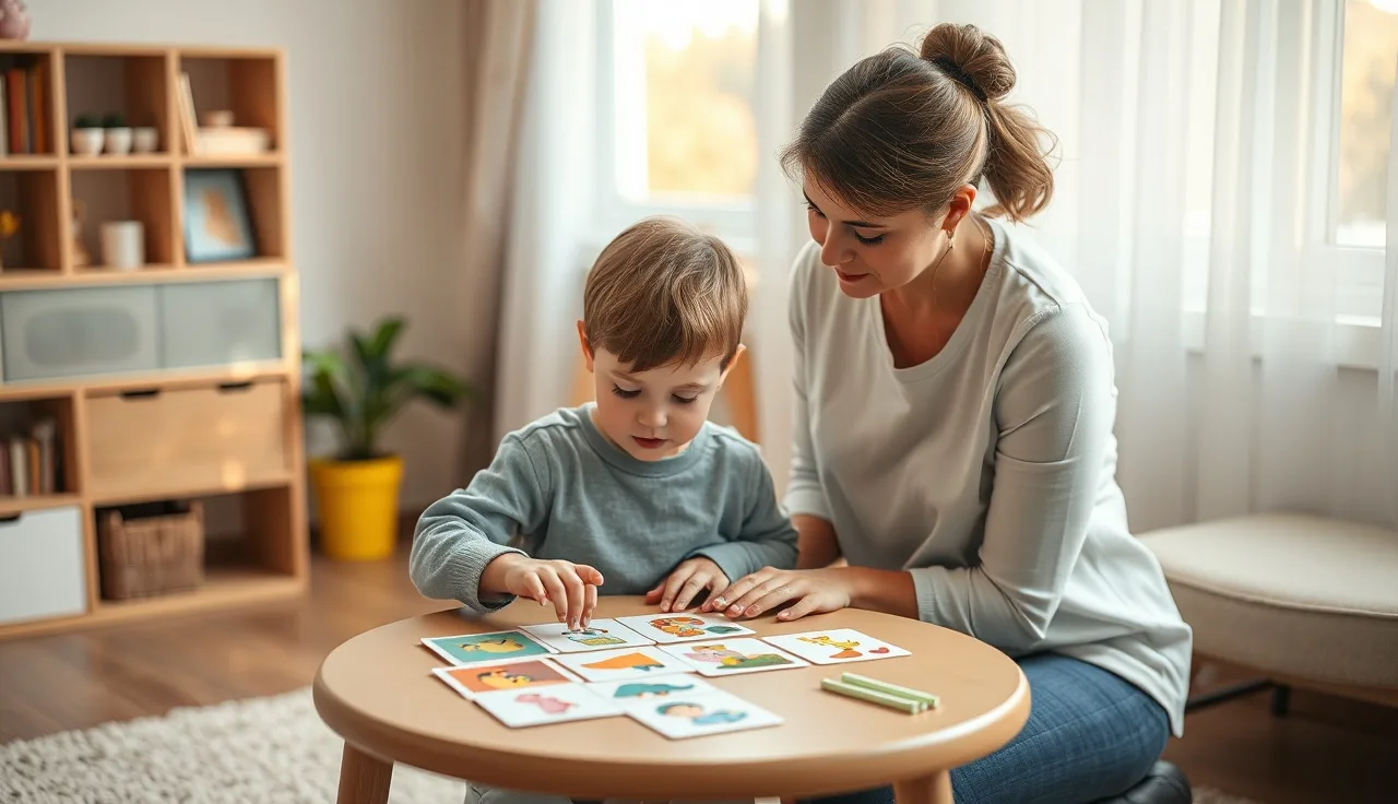 Child and speech therapist working with picture cards in a quiet therapy room