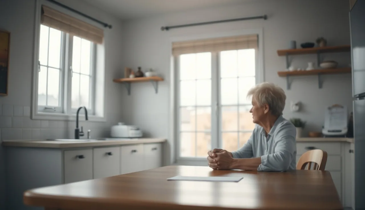 Person sitting alone at kitchen table with hands folded, facing window, mental illness disability theme