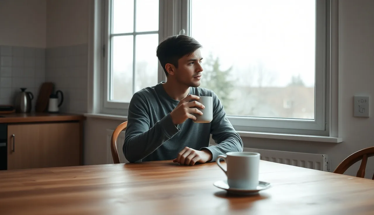 Person sitting alone at kitchen table in morning light, reflecting on mental health disability