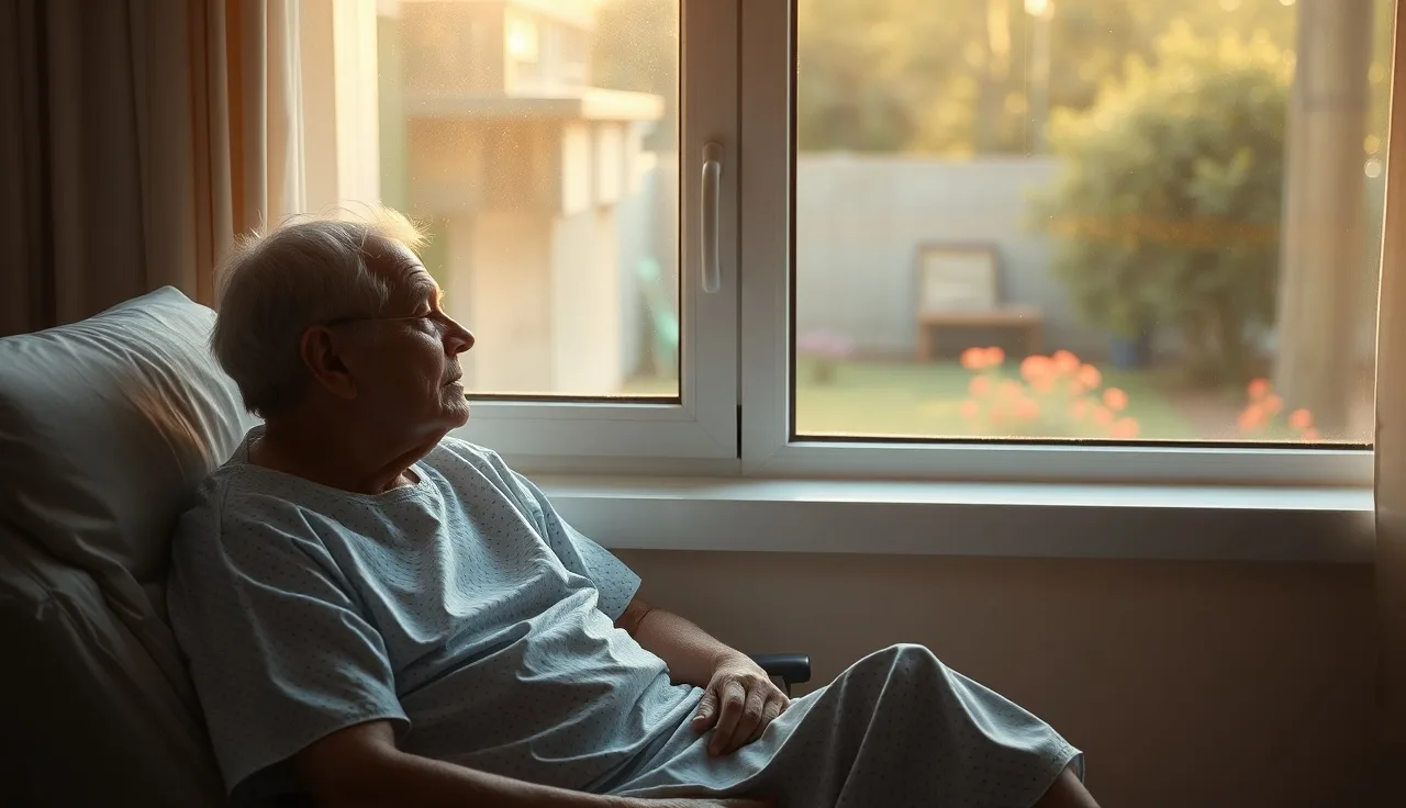 Cancer patient sitting by a sunlit hospital window looking outside thoughtfully