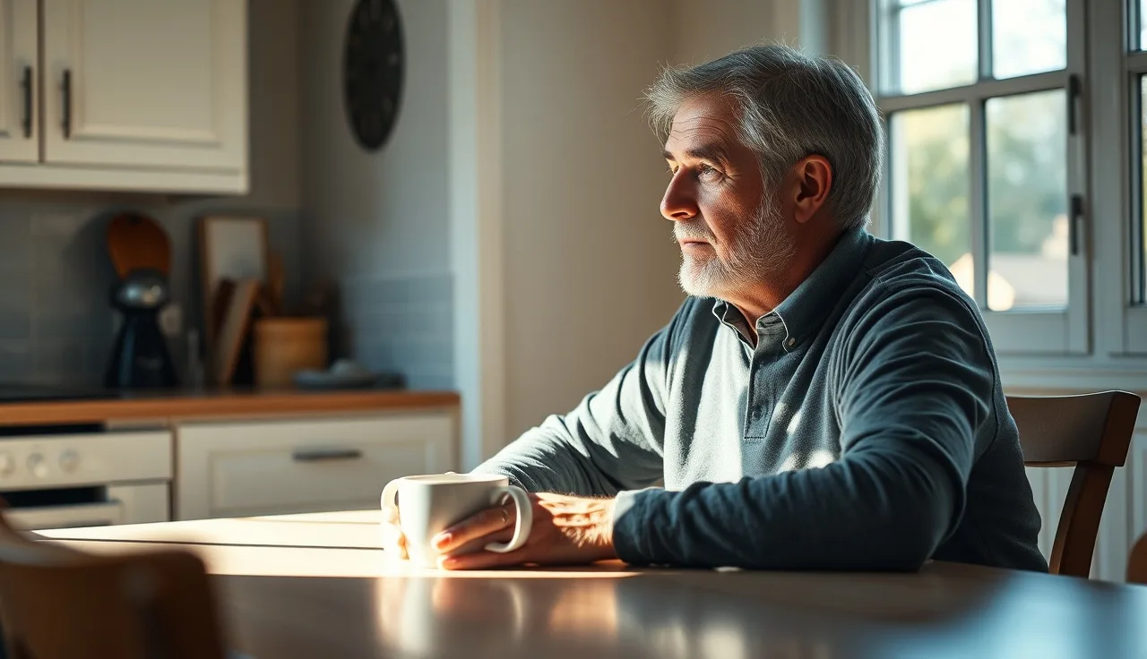 Person sitting at kitchen table in morning light, quiet home interior