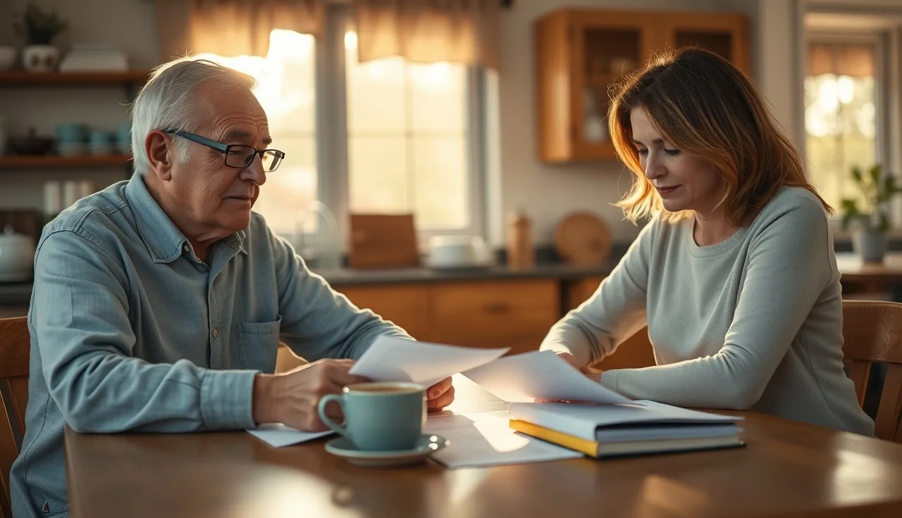 Elderly man and adult daughter reviewing disability paperwork at kitchen table
