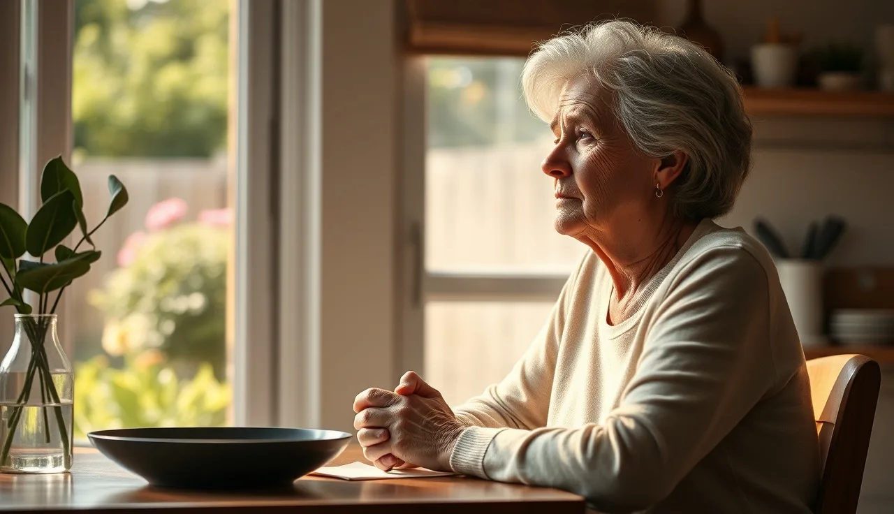 Woman sitting at kitchen table in morning light, calm expression, disability topic