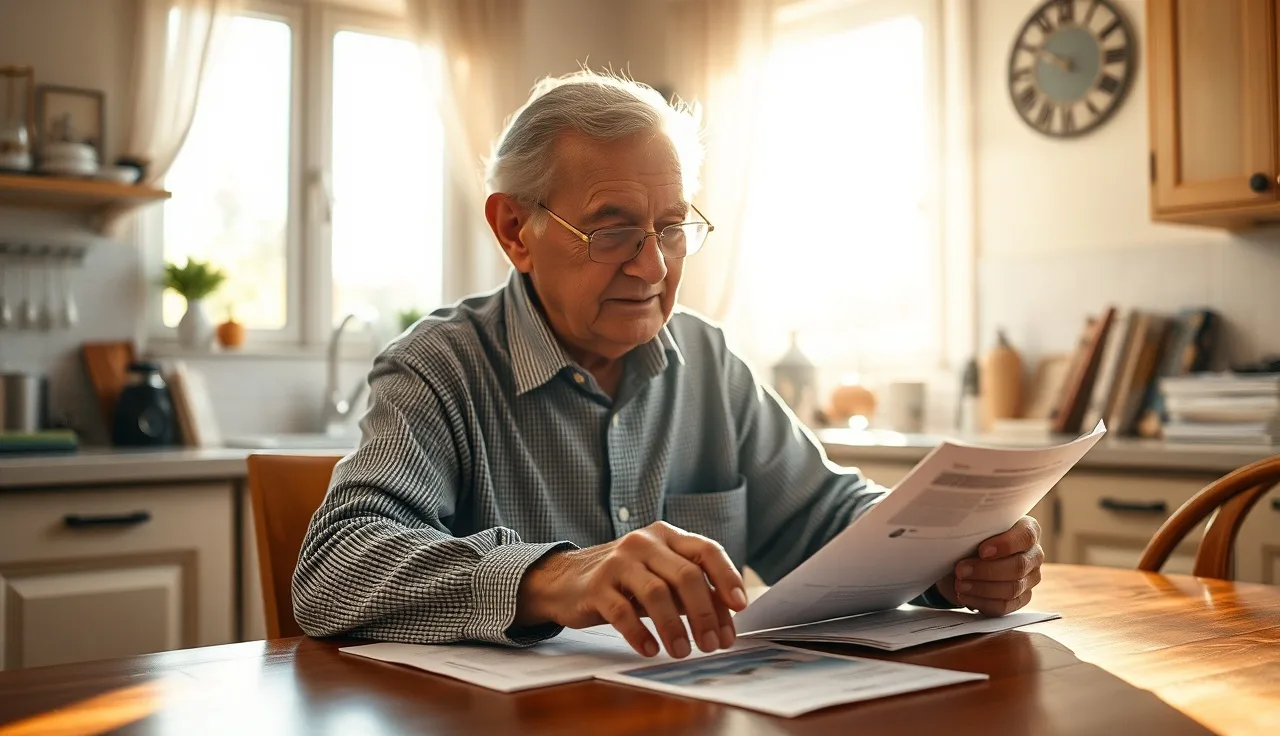 Elderly person sitting at a kitchen table reviewing disability paperwork in warm afternoon light