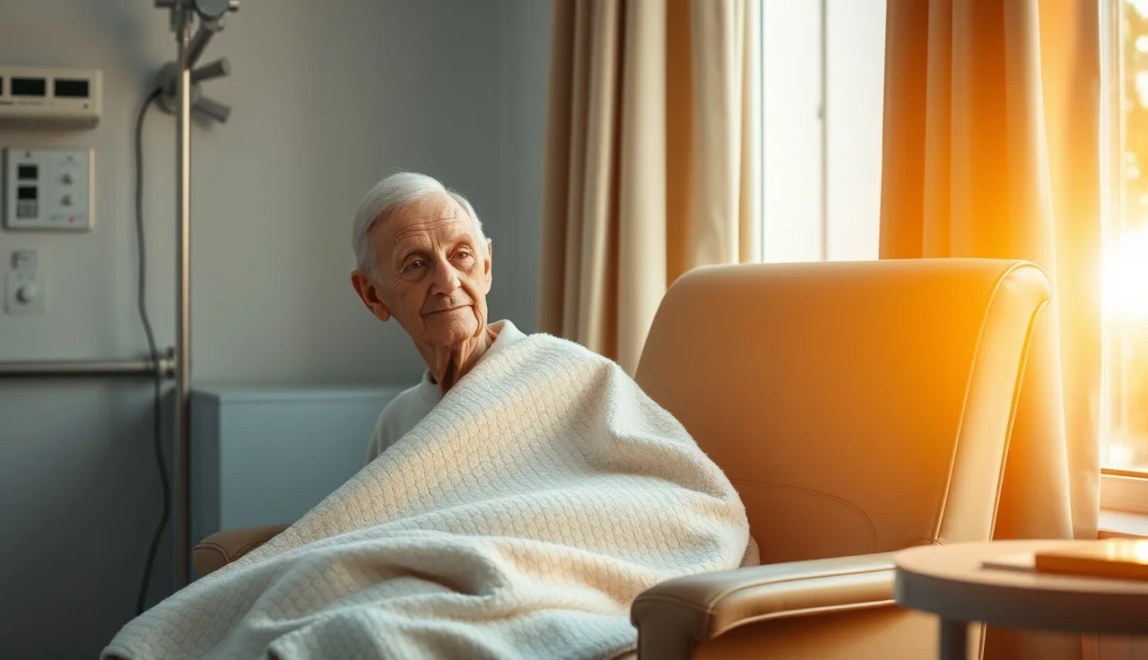 Elderly person resting in a sunlit hospital room armchair, disability claim context