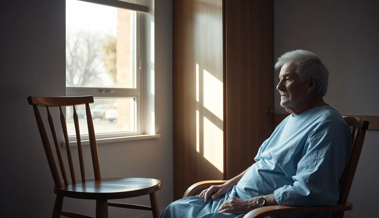 Elderly patient sitting alone by a sunlit hospital window, representing serious disability