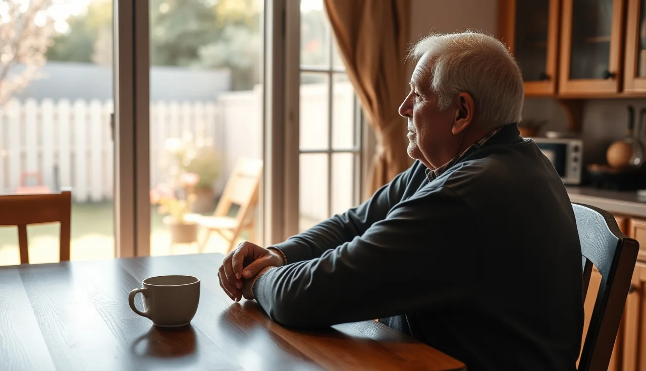 Elderly man sitting at kitchen table in morning light looking out window