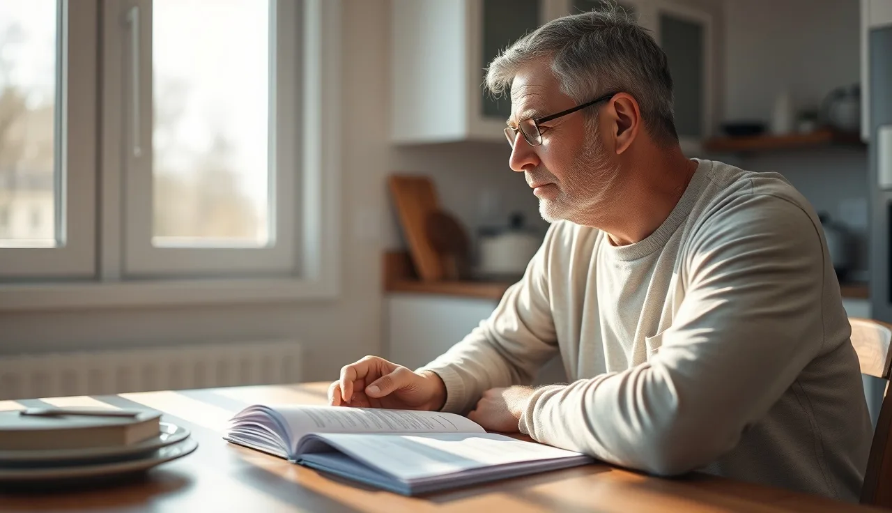 Man reviewing medical paperwork at kitchen table while waiting for disability approval