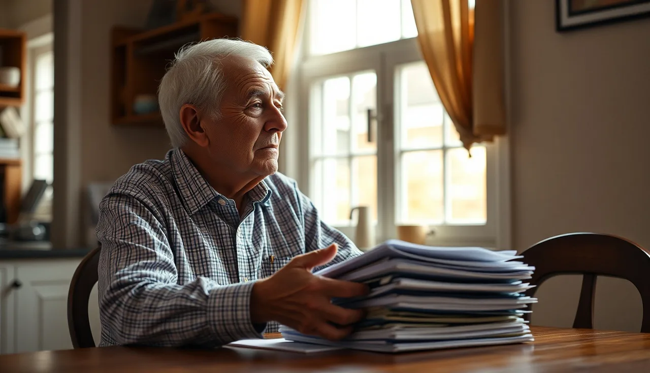 Elderly man with medical folders at kitchen table, applying for disability benefits