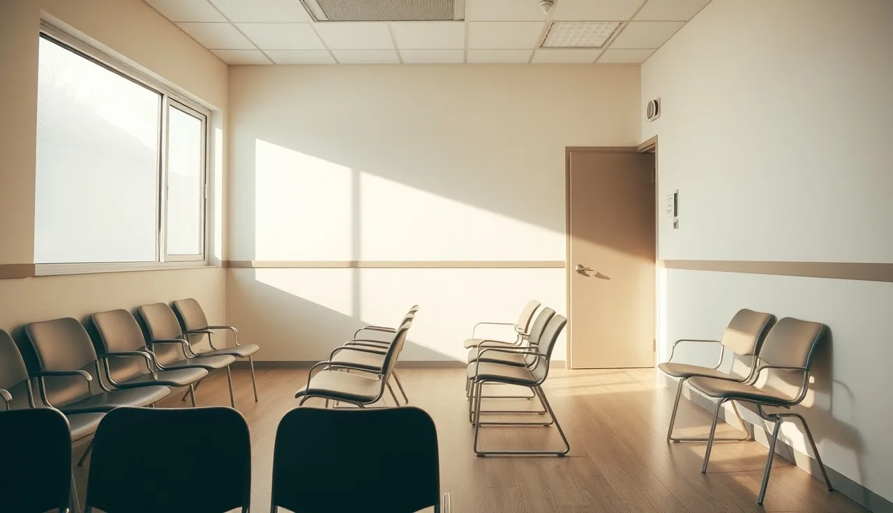 Empty psychiatric clinic waiting room with morning light through frosted window