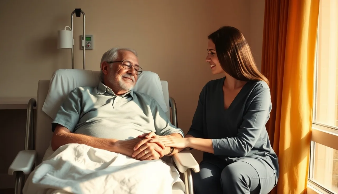 Liver cancer patient resting in hospital chair with family member nearby in afternoon light