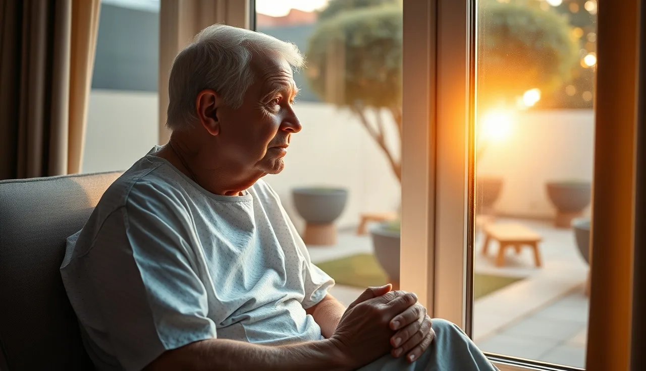 Older man in hospital gown looking out a sunlit window, liver cancer disability claim