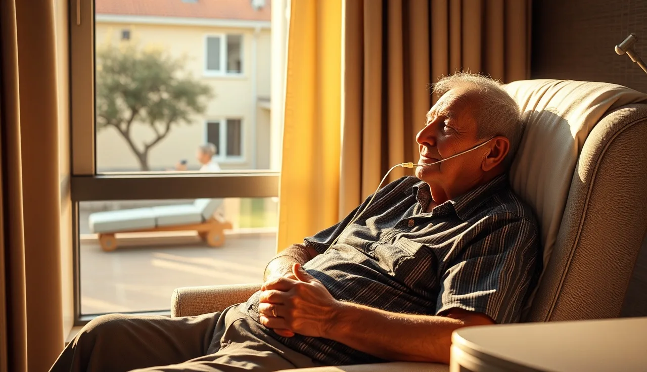 Elderly man with oxygen cannula resting in a sunlit hospital room chair