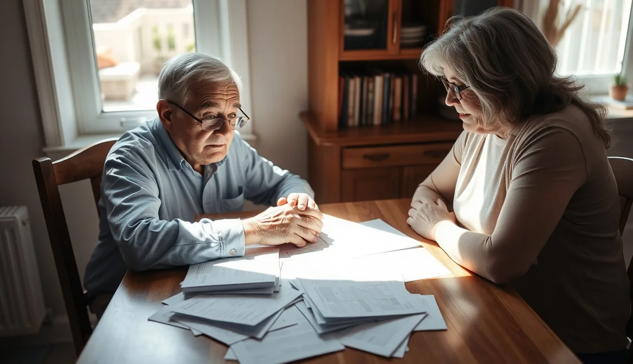 Elderly man and daughter reviewing medical paperwork at a kitchen table
